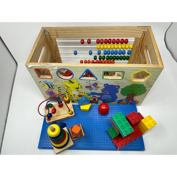 Toy Chest Wooden Alphabet Lego Top + 57 Misc. Pieces 14x7x8  .01:S1418 - Picture 11 of 12